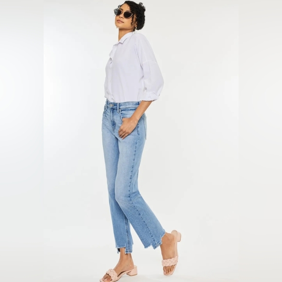 KanCan High-Rise Waist Distressed Raw Hem Wide Straight Leg Mom Denim Jean Pants - Picture 10 of 14